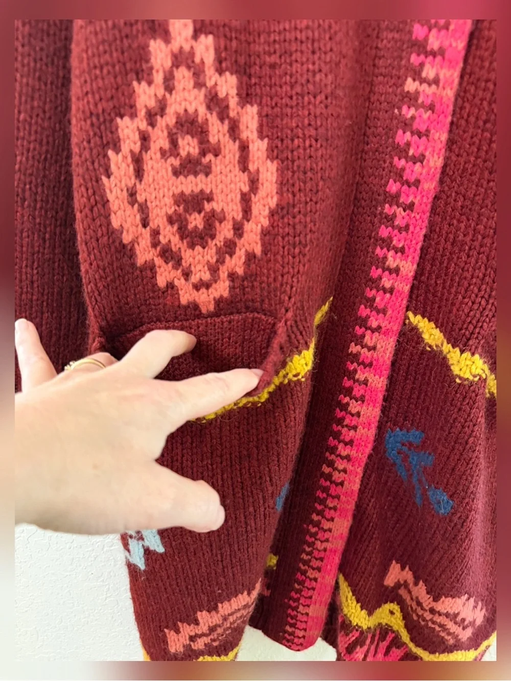 Rare Sundance Tayen Sweater Coat Cozy Burgundy Boho Patterned Size LP